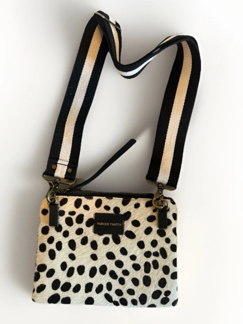 Parker Thatch Lee Bag Dalmatian Cowhide Crossbody Zip Purse Striped Strap Small